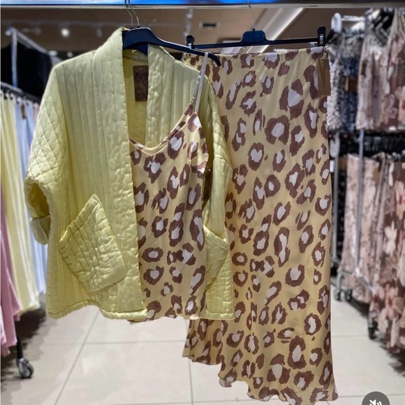 Dresses & Skirts - Yellow Quilted Jacket with Leopard Print Slip Dress & Skirt Set.Made in Italy